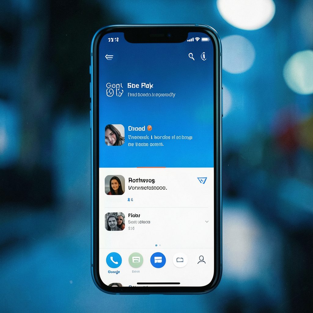 Smartphone screen mockup showing a communications app on a dark navy background with glowing blue accents