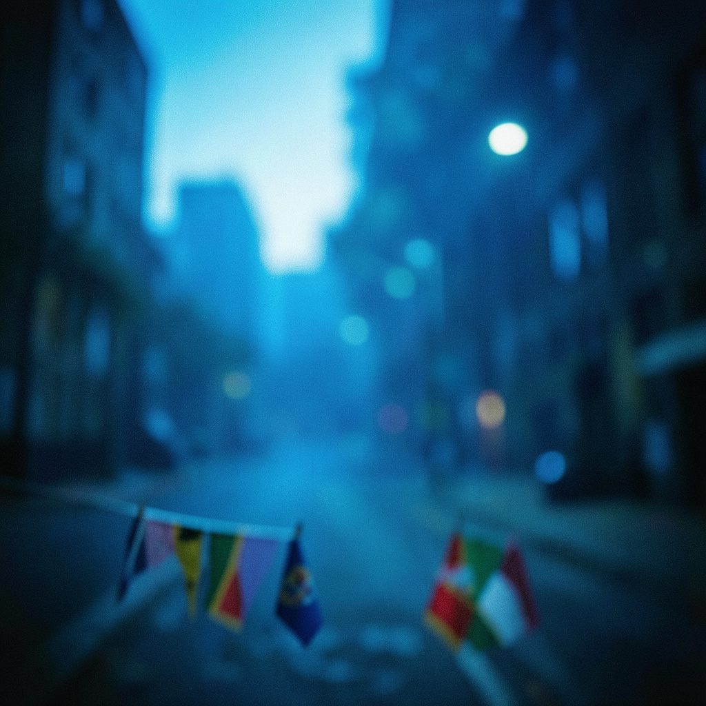Row of small flag icons representing different countries, muted colors, footer decoration